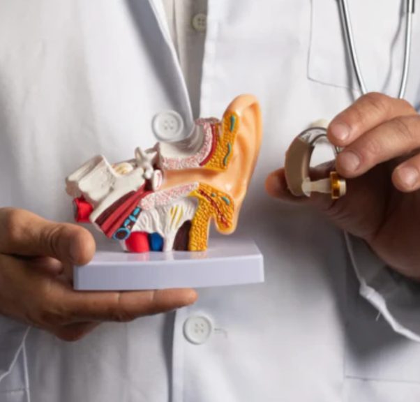 Clinician holding an ear model and hearing aid device